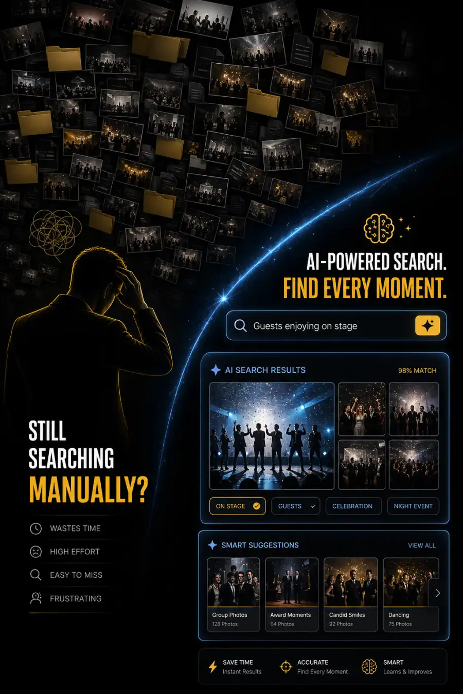 Comparison of scattered event photo folders versus a glowing AI-powered photo search interface