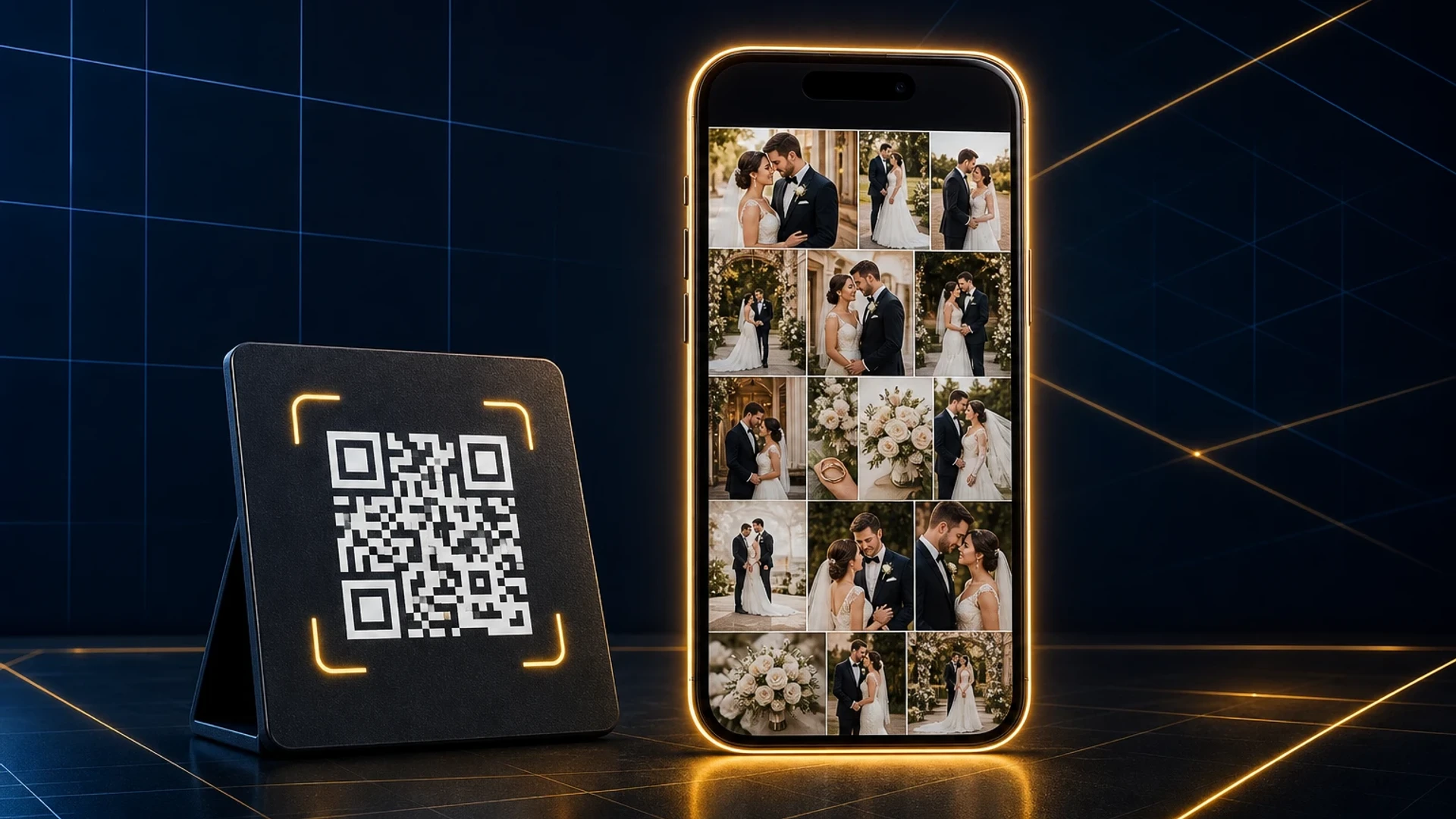 Cam-Shot Custom Mobile App — branded guest photo gallery on phone with QR event join