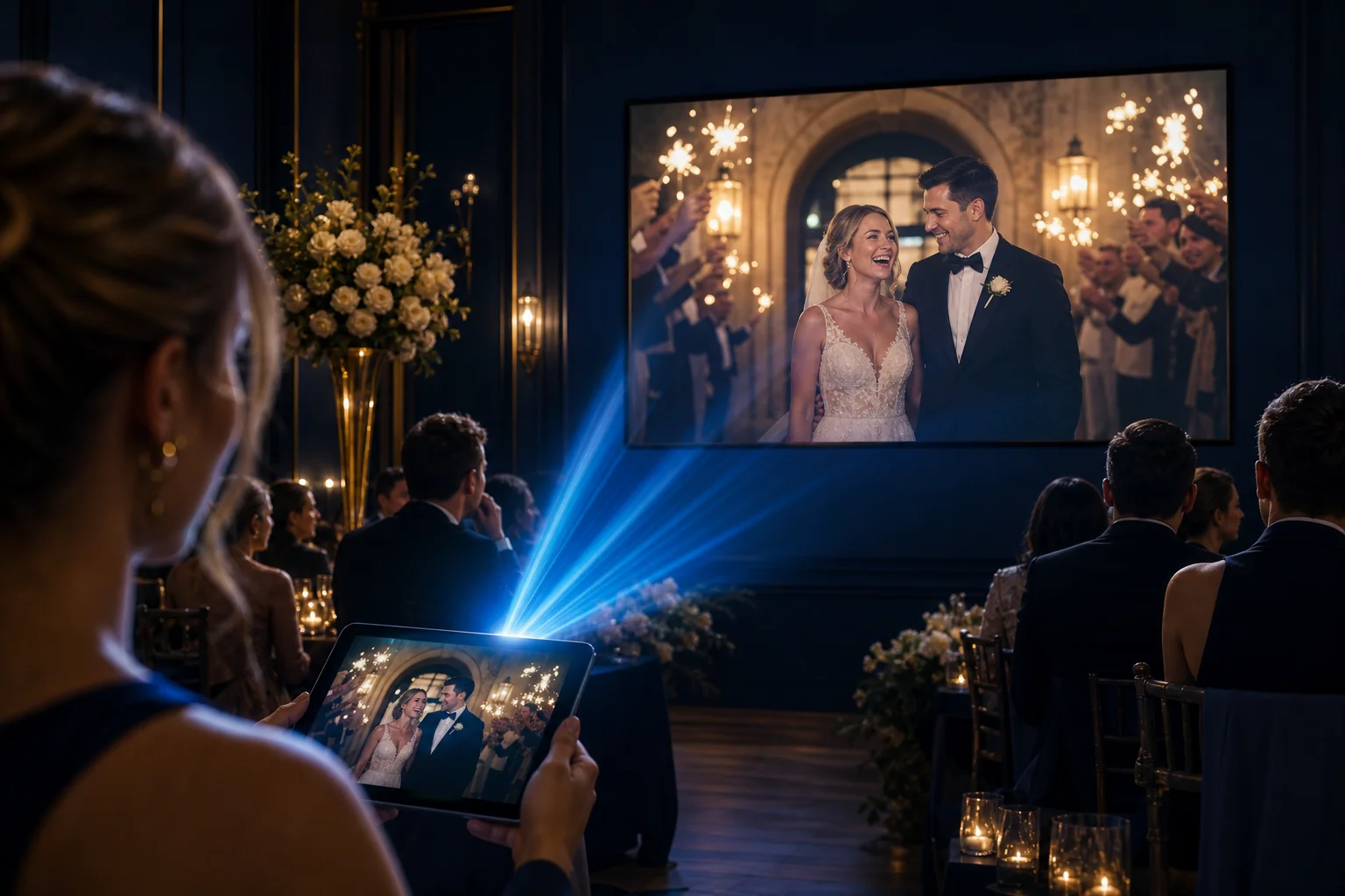 Cam-Shot TV — cast event slideshows to reception screens with electric blue cast glow
