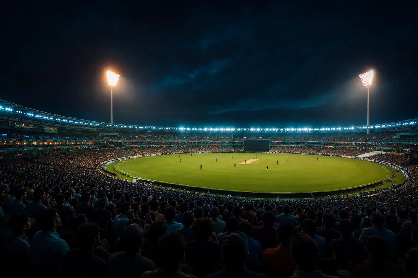 Floodlit cricket stadium for tournament photo sharing