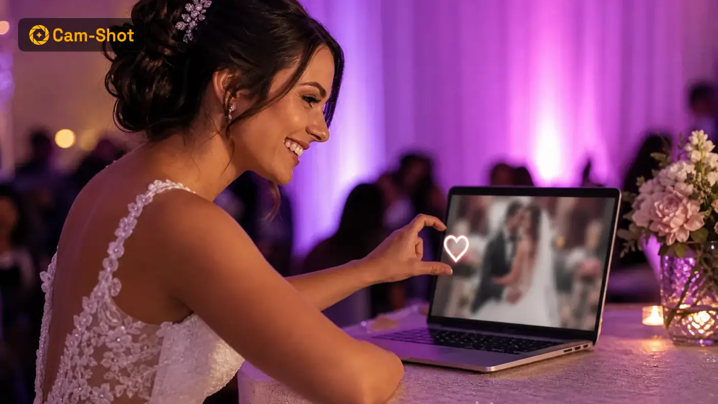 Bride selecting favorite wedding photos