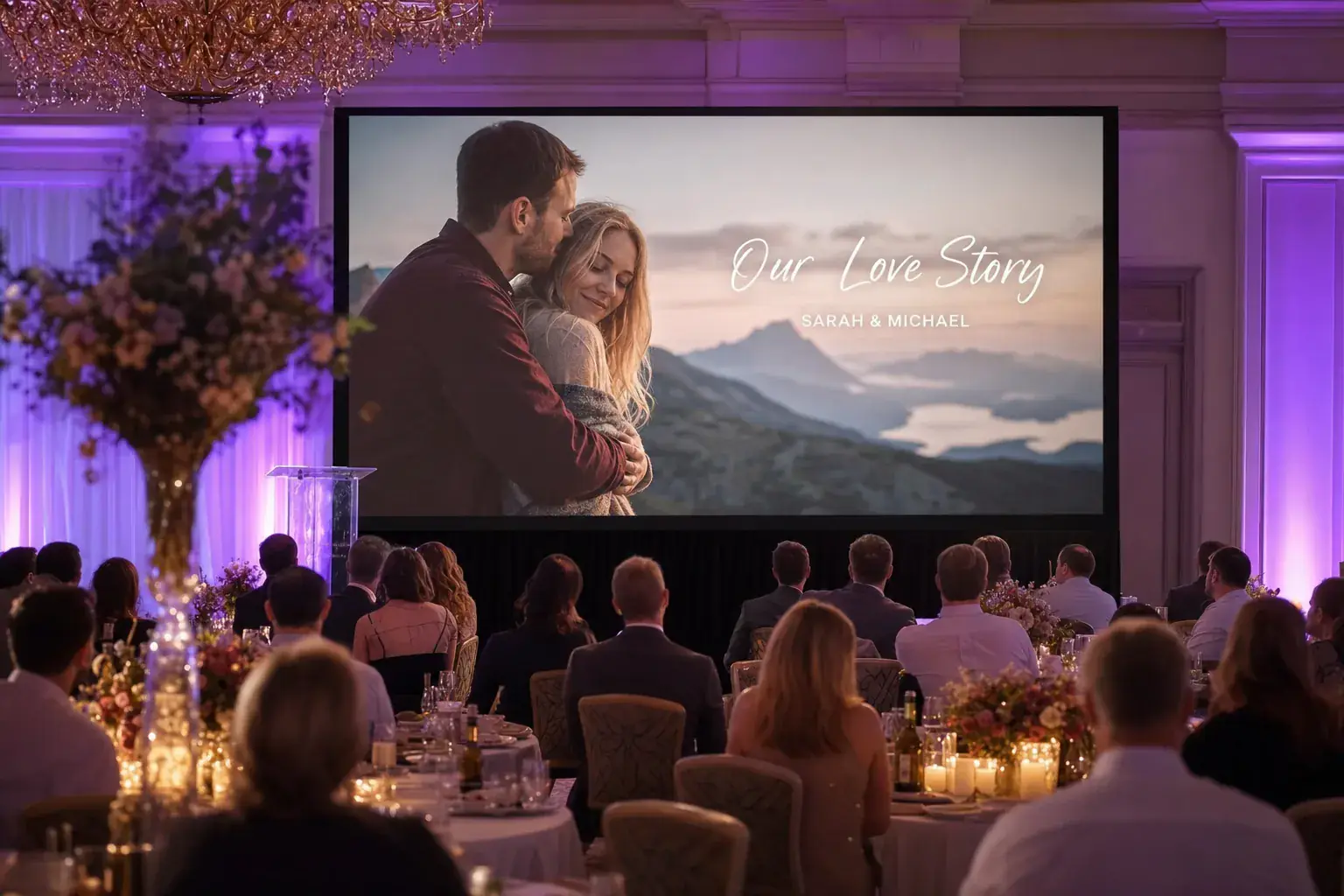 Event photos playing on a large screen at a venue