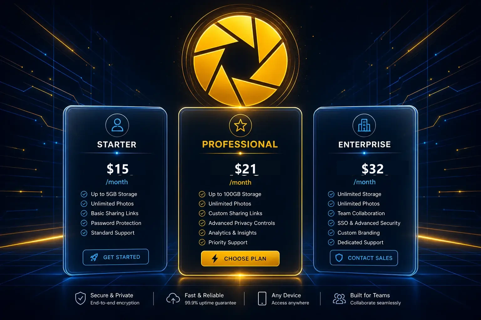 Pricing — Starter, Professional, and Enterprise plan tiers in USD