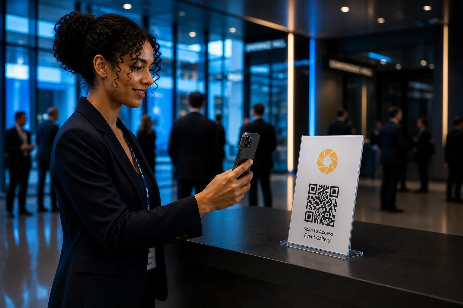 Corporate attendee scanning a conference QR code to open event photos