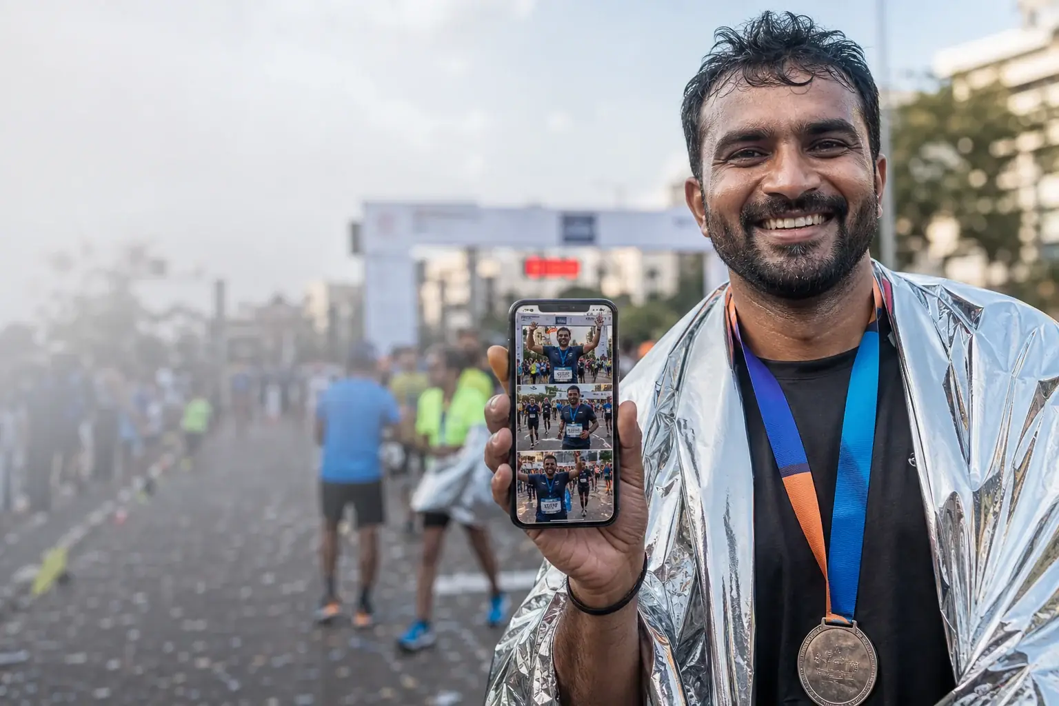 Marathon finisher viewing personal race photos on a phone