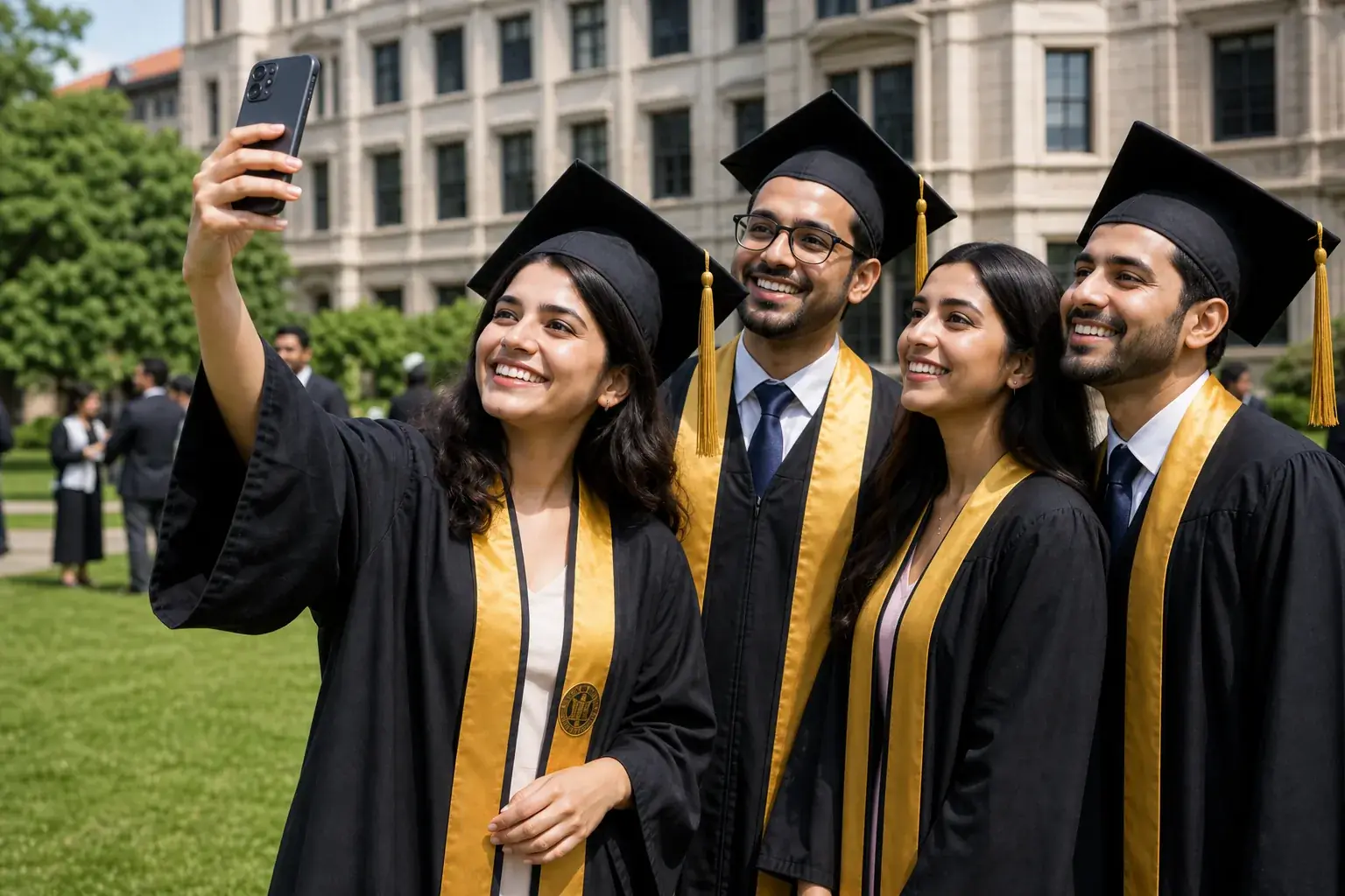 School and college graduates taking a group selfie to find event photos