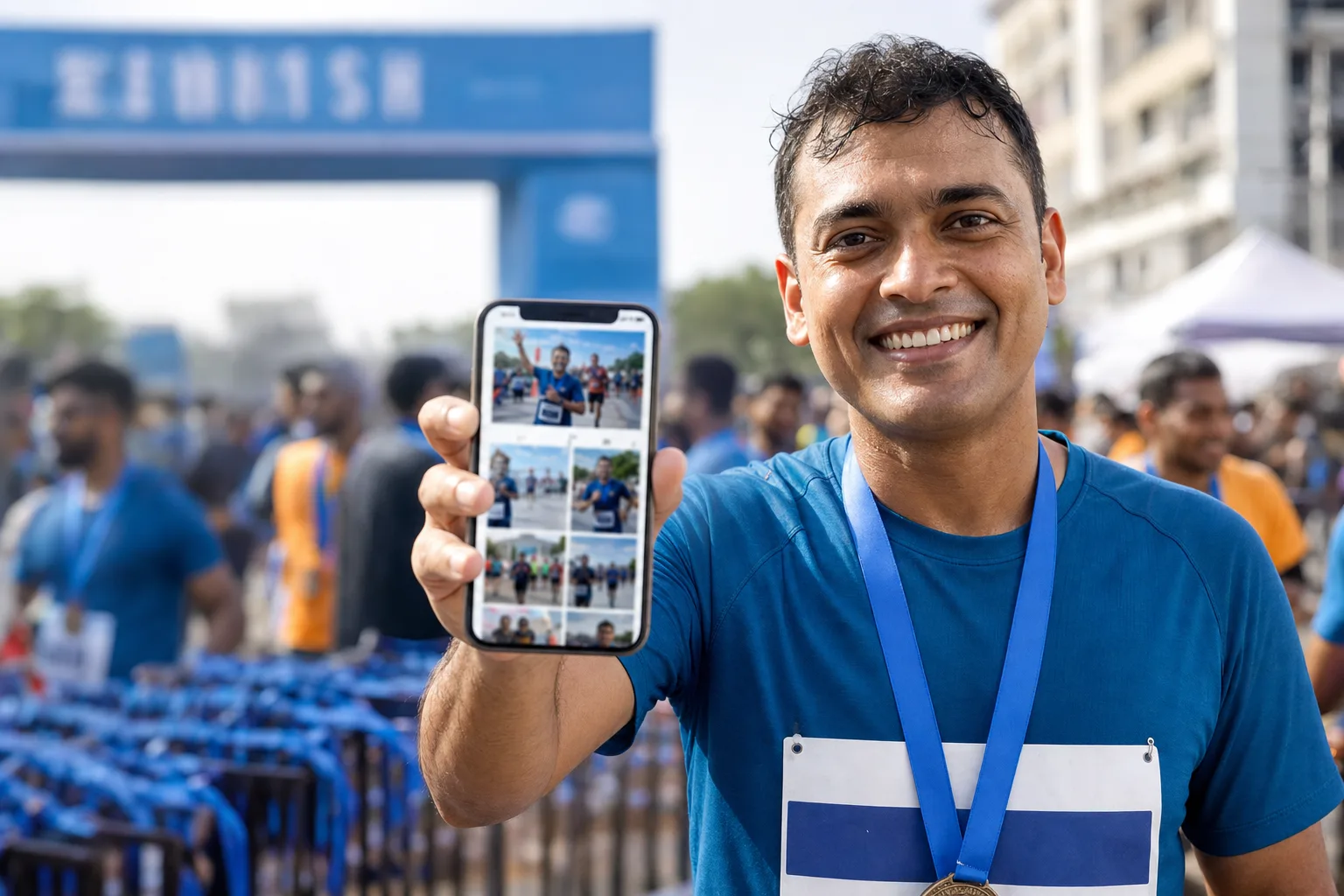 Athlete viewing personal race photos on a phone after the finish line